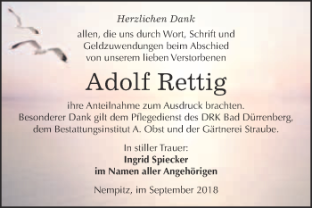 Traueranzeige von Adolf Rettig von Super Sonntag Merseburg