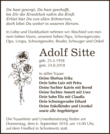 Traueranzeige von Adolf Sitte von WVG - Wochenspiegel Dessau / Köthen