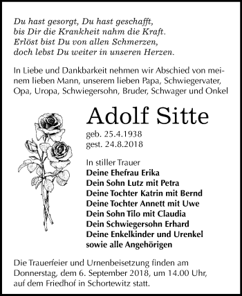 Traueranzeige von Adolf Sitte von Mitteldeutsche Zeitung Köthen