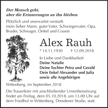 Traueranzeige von Alex Rauh von WVG - Wochenspiegel Wittenberg