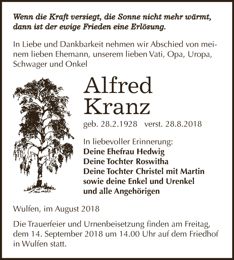  Traueranzeige für Alfred Kranz vom 01.09.2018 aus WVG - Wochenspiegel Dessau / Köthen