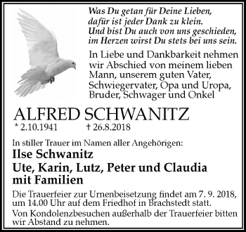 Traueranzeige von Alfred Schwanitz von Mitteldeutsche Zeitung Halle/Saalkreis