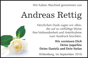 Traueranzeige von Andreas Rettig von Mitteldeutsche Zeitung