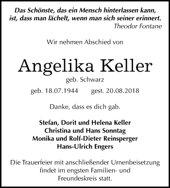 Traueranzeige von Angelika Keller von Mitteldeutsche Zeitung Dessau-Roßlau