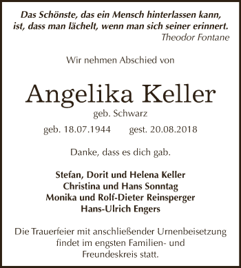 Traueranzeige von Angelika Keller von WVG - Wochenspiegel Dessau / Köthen