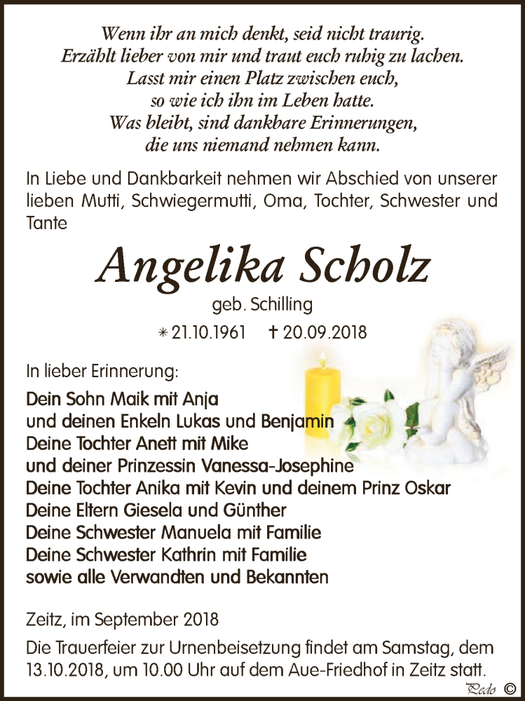  Traueranzeige für Angelika Scholz vom 29.09.2018 aus Super Sonntag Zeitz