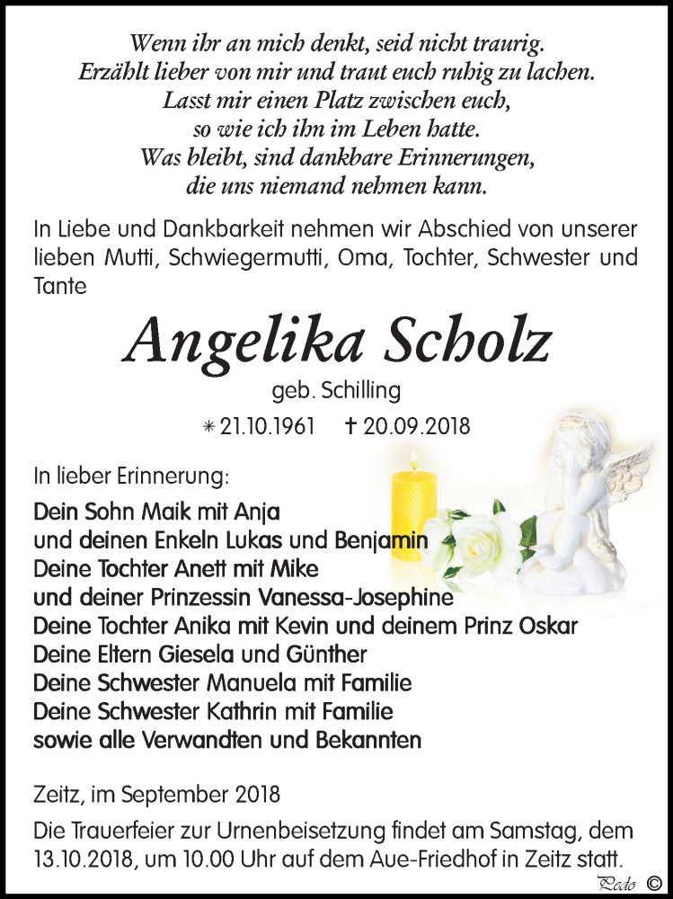  Traueranzeige für Angelika Scholz vom 29.09.2018 aus Mitteldeutsche Zeitung Zeitz