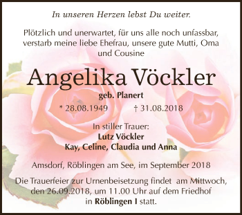 Traueranzeige von Angelika Vöckler von Wochenspiegel Mansfelder Land