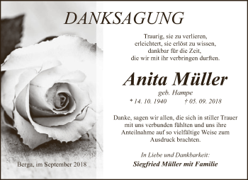 Traueranzeige von Anita Müller von Super Sonntag SGH Mansf. Land