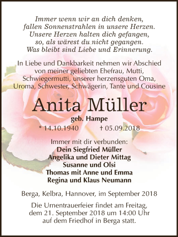 Traueranzeige von Anita Müller von Super Sonntag SGH Mansf. Land