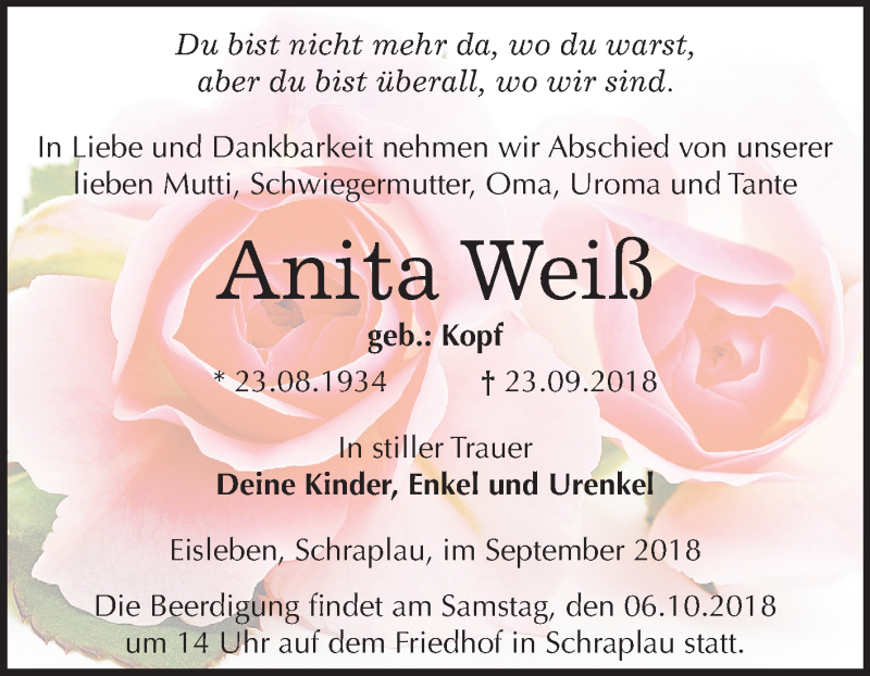  Traueranzeige für Anita Weiß vom 29.09.2018 aus Mitteldeutsche Zeitung Merseburg/Querfurt