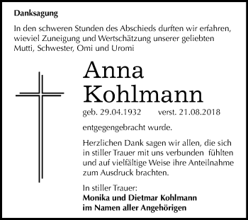 Traueranzeige von Anna Kohlmann von Mitteldeutsche Zeitung Weißenfels