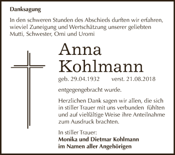 Traueranzeige von Anna Kohlmann von WVG - Wochenspiegel NMB / WSF / ZTZ