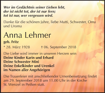 Traueranzeige von Anna Lehmer von Mitteldeutsche Zeitung Halle/Saalkreis