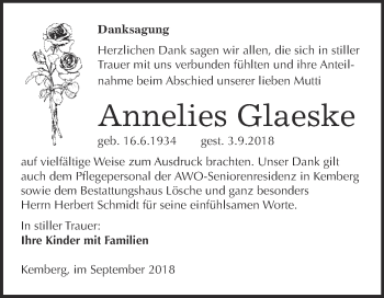 Traueranzeige von Annelies Glaeske von WVG - Wochenspiegel Wittenberg