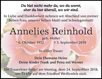 Traueranzeige von Annelies Reinhold von Mitteldeutsche Zeitung Weißenfels