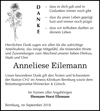 Traueranzeige von Anneliese Eilemann von Mitteldeutsche Zeitung Bernburg