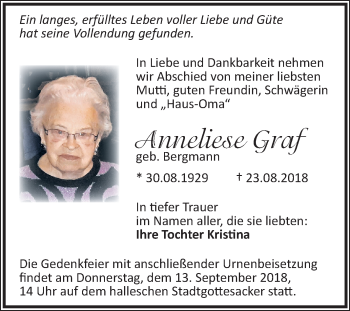 Traueranzeige von Anneliese Graf von Mitteldeutsche Zeitung Halle/Saalkreis