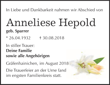 Traueranzeige von Anneliese Hepold von WVG - Wochenspiegel Wittenberg