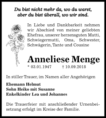 Traueranzeige von Anneliese Menge von Mitteldeutsche Zeitung Bernburg