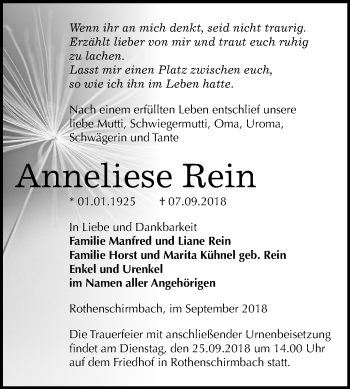 Traueranzeige von Anneliese Rein von Mitteldeutsche Zeitung