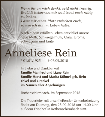 Traueranzeige von Anneliese Rein von Wochenspiegel Mansfelder Land
