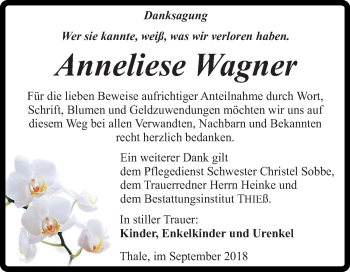 Traueranzeige von Anneliese Wagner von Mitteldeutsche Zeitung Quedlinburg