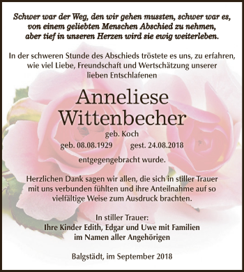Traueranzeige von Anneliese Wittenbecher von WVG - Wochenspiegel NMB / WSF / ZTZ