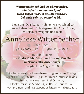 Traueranzeige von Anneliese Wittenbecher von WVG - Wochenspiegel NMB / WSF / ZTZ