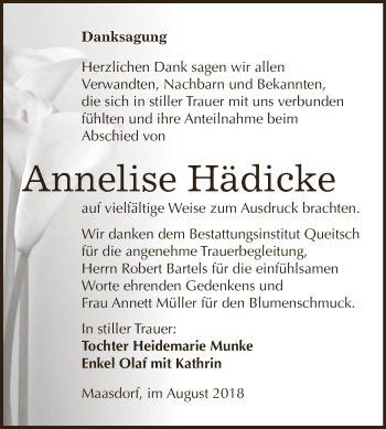 Traueranzeige von Annelise Hädicke von WVG - Wochenspiegel Dessau / Köthen