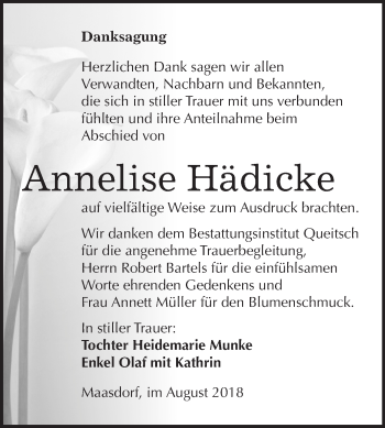 Traueranzeige von Annelise Hädicke von Mitteldeutsche Zeitung Köthen