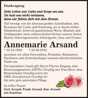 Traueranzeige von Annemarie Arsand von Mitteldeutsche Zeitung Zeitz