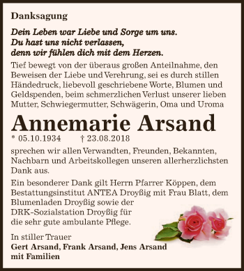 Traueranzeige von Annemarie Arsand von Super Sonntag Zeitz