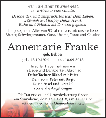 Traueranzeige von Annemarie Franke von WVG - Wochenspiegel Wittenberg