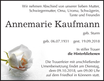 Traueranzeige von Annemarie Kaufmann von Mitteldeutsche Zeitung Bernburg