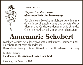 Traueranzeige von Annemarie Schubert von WVG - Wochenspiegel Dessau / Köthen