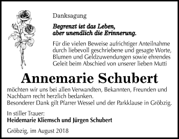 Traueranzeige von Annemarie Schubert von Mitteldeutsche Zeitung Köthen