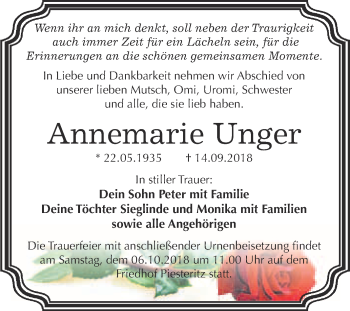 Traueranzeige von Annemarie Unger von WVG - Wochenspiegel Wittenberg