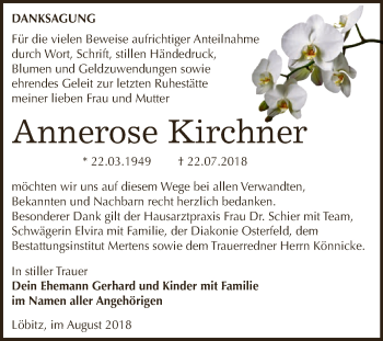 Traueranzeige von Annerose Kirchner von WVG - Wochenspiegel NMB / WSF / ZTZ