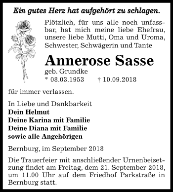 Traueranzeige von Annerose Sasse von Mitteldeutsche Zeitung Bernburg