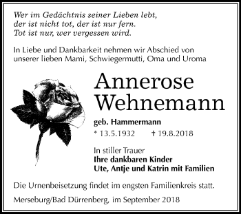 Traueranzeige von Annerose Wehnemann von Mitteldeutsche Zeitung Merseburg/Querfurt