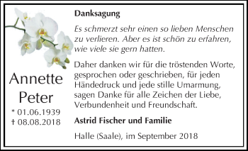 Traueranzeige von Annette Peter von Mitteldeutsche Zeitung Halle/Saalkreis