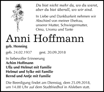 Traueranzeige von Anni Hoffmann von Mitteldeutsche Zeitung Bernburg