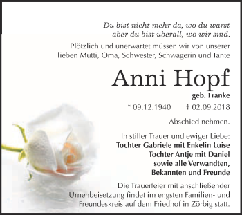 Traueranzeige von Anni Hopf von WVG - Wochenspiegel Bitterfeld