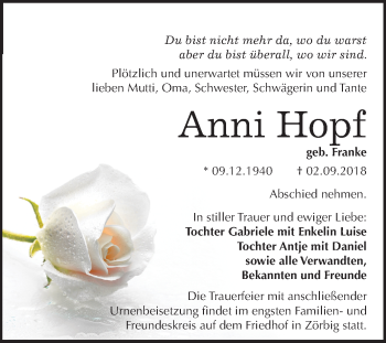 Traueranzeige von Anni Hopf von Mitteldeutsche Zeitung Bitterfeld