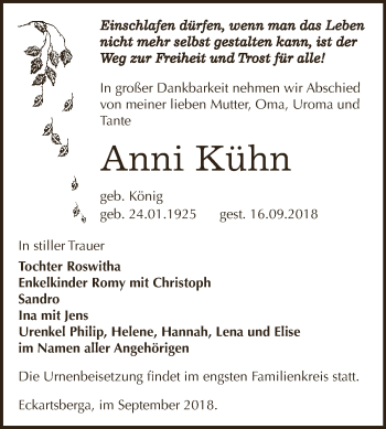 Traueranzeige von Anni Kühn von WVG - Wochenspiegel NMB / WSF / ZTZ