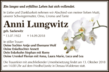 Traueranzeige von Anni Lungwitz von WVG - Wochenspiegel Dessau / Köthen
