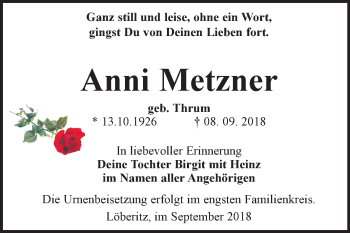 Traueranzeige von Anni Metzner von Mitteldeutsche Zeitung Bitterfeld