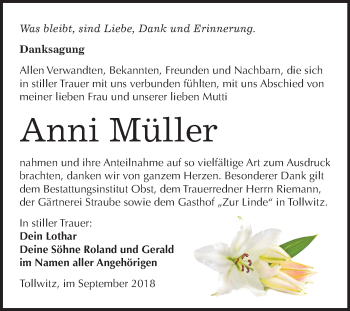 Traueranzeige von Anni Müller von Mitteldeutsche Zeitung Merseburg/Querfurt
