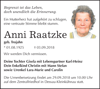 Traueranzeige von Anni Raatzke von Mitteldeutsche Zeitung Dessau-Roßlau